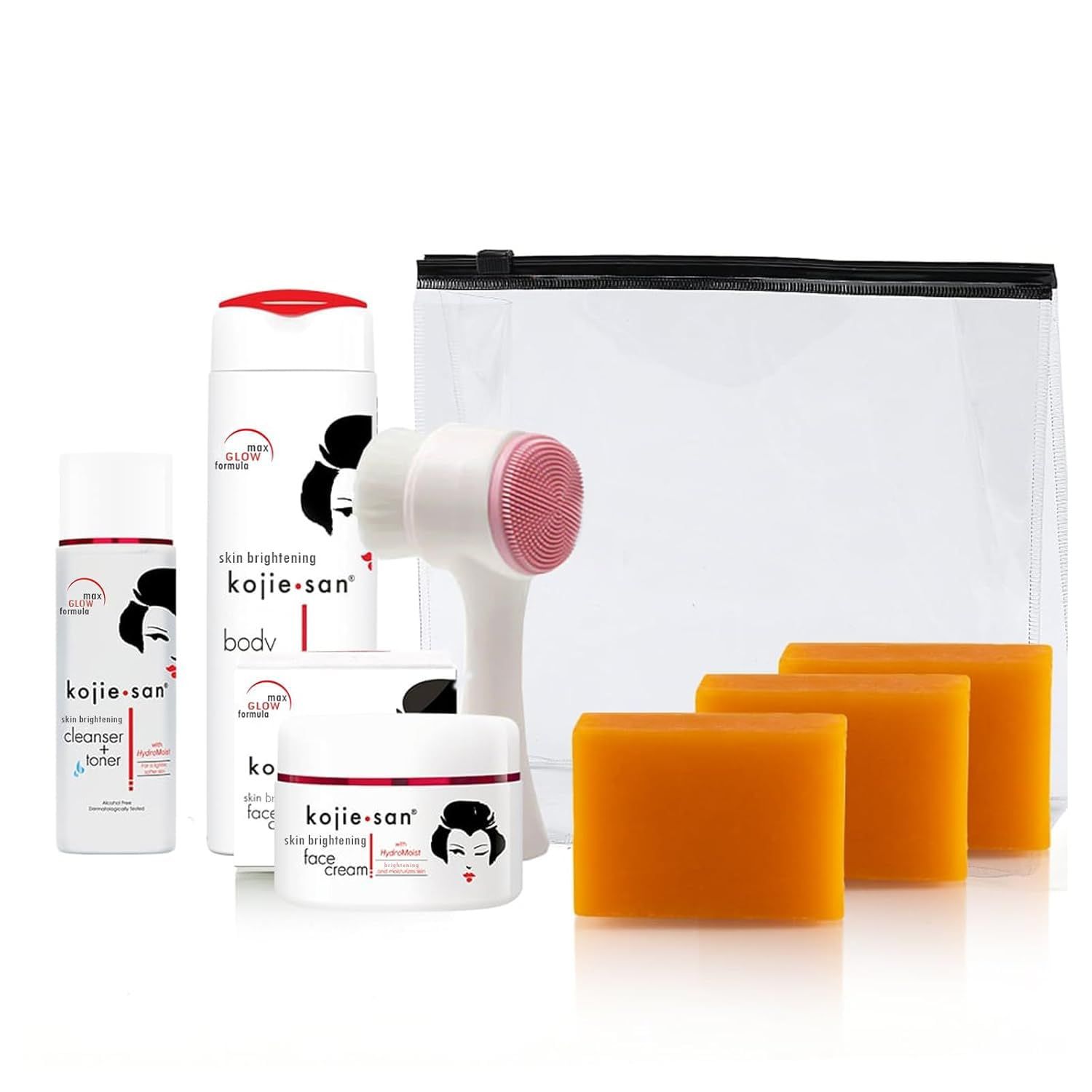 Kojie San Face &amp; Body Complete Brightening Set - 3 x 100g Bars Soap, Body Lotion, Face Cream, Toner, and Face Cleansing Brush - 7pcs