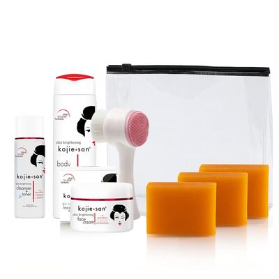 Kojie San Face &amp; Body Complete Brightening Set - 3 x 100g Bars Soap, Body Lotion, Face Cream, Toner, and Face Cleansing Brush - 7pcs