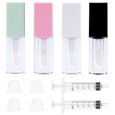Qeuly 5ml Lip Gloss Tubes, 4 Pcs Clear Lip Gloss Tubes with Wand, Plastic Lip Balm Gloss Containers for Skin Care Oil DIY Makeup Lipgloss Making Kit (Square)