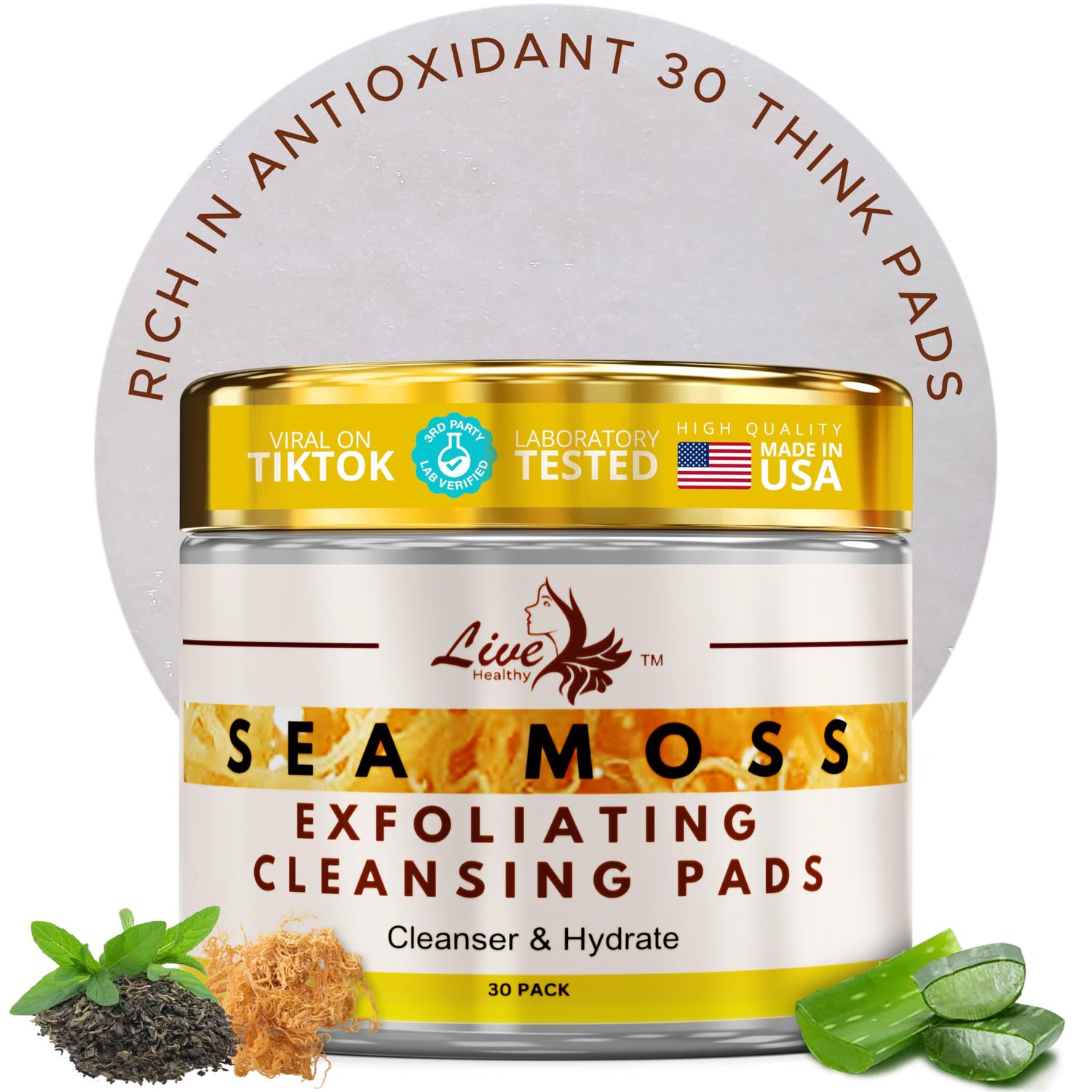 Live Healthy The Original Sea Moss Cleansing Pads - Natural, Gentle, Face Cleanser, Daily Facial Radiance Pads with Vitamin A - Moisturizer &amp; Hydrating, Face Peel, Toner Pads - Made in USA | 30 Pack