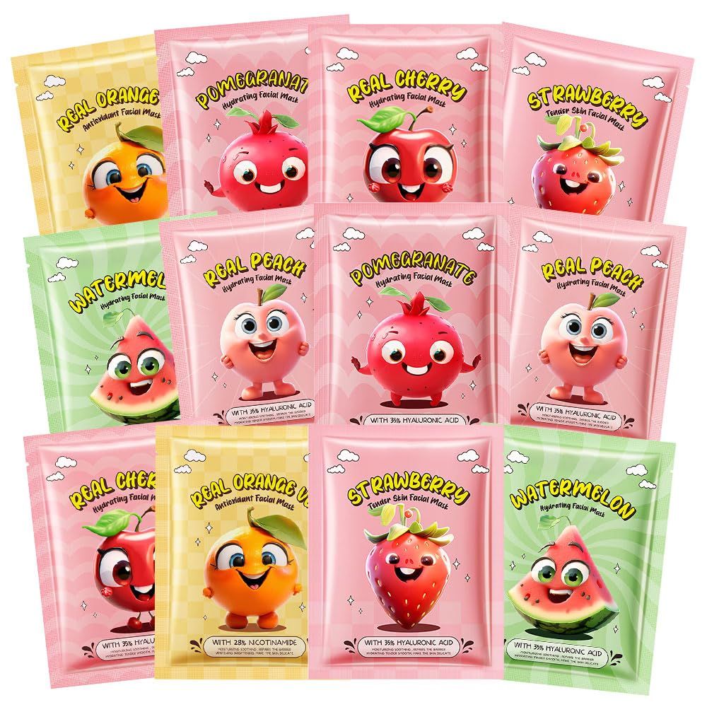 Kaely 12 Pack Fruit Kids Facial Face Masks Skincare Kit Gift for Women Teens Kids Girls Spa, Delightful Kid Sheet Face Masks Facemask Spa Day Birthday Sleepover Party Supplies kit for Teen Girls, 04