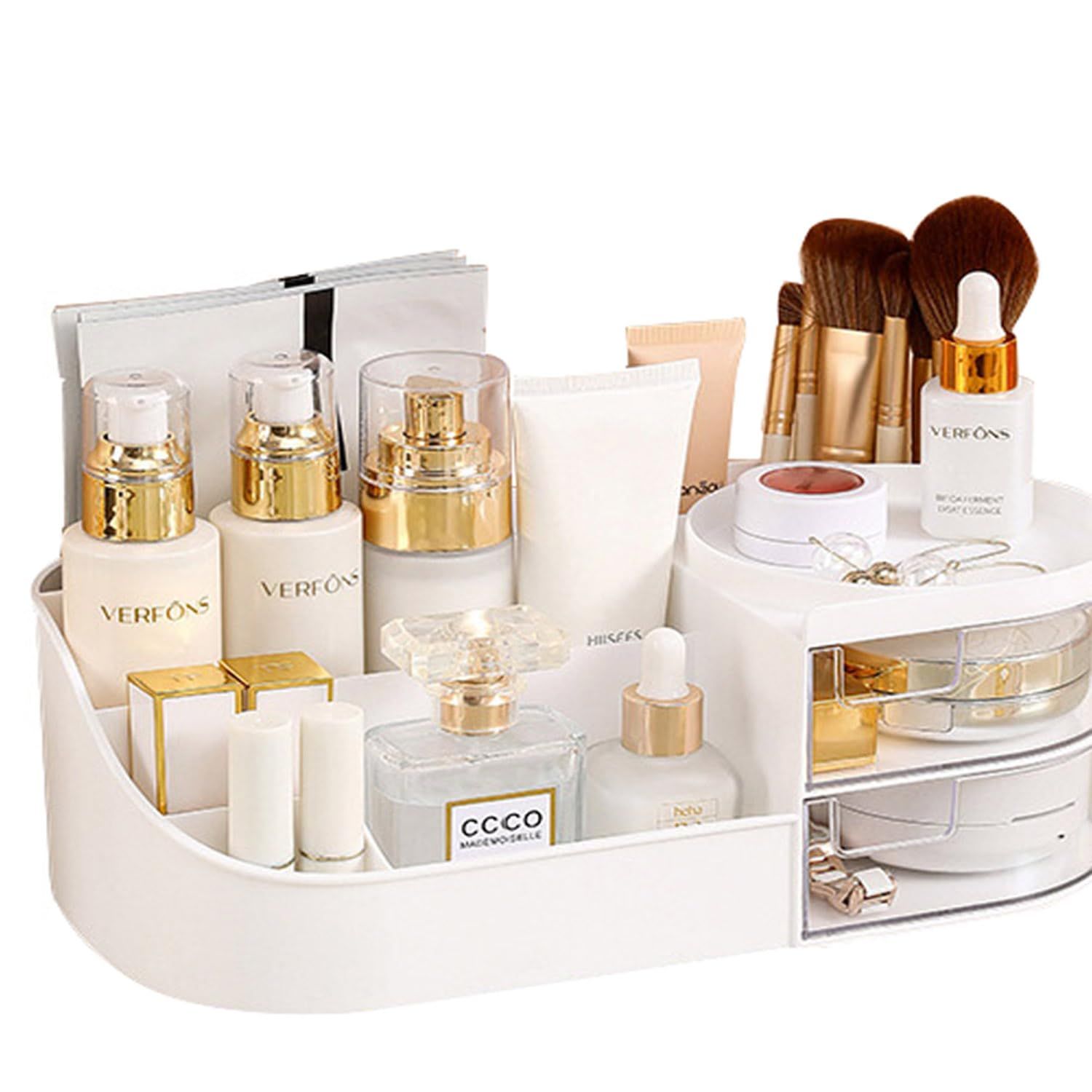 skin care organizer,Makeup Desk Organizer With Drawers,Countertop Organizer for Cosmetics,Vanity brush with Holder for Lipstick, Brushes, Eyeshadow, and Jewelry Desktop Finishing Dresser (White)