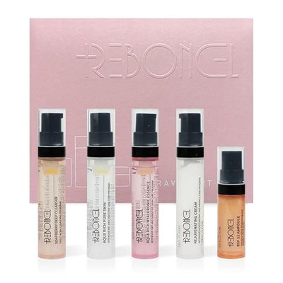 REBONCEL Korean Skin Care Set Travel Kit, TSA Approved Travel Size Toiletries, Ampoule, Cleanser, Toner, Essence, Cream | Travel Essentials Gift Set | All-Natural Moisturizing Skincare