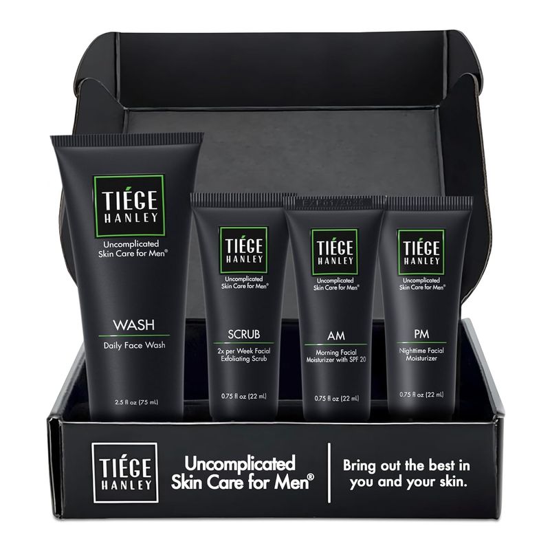 Tiege Hanley Mens Skin Care Set, Essential Skin Care Routine for Men (System Level 1) - Face Wash Kit for Fines Lines &amp; Wrinkles - Men&#39;s Skincare Set Includes Face Wash, Facial Scrub, &amp; Moisturizer
