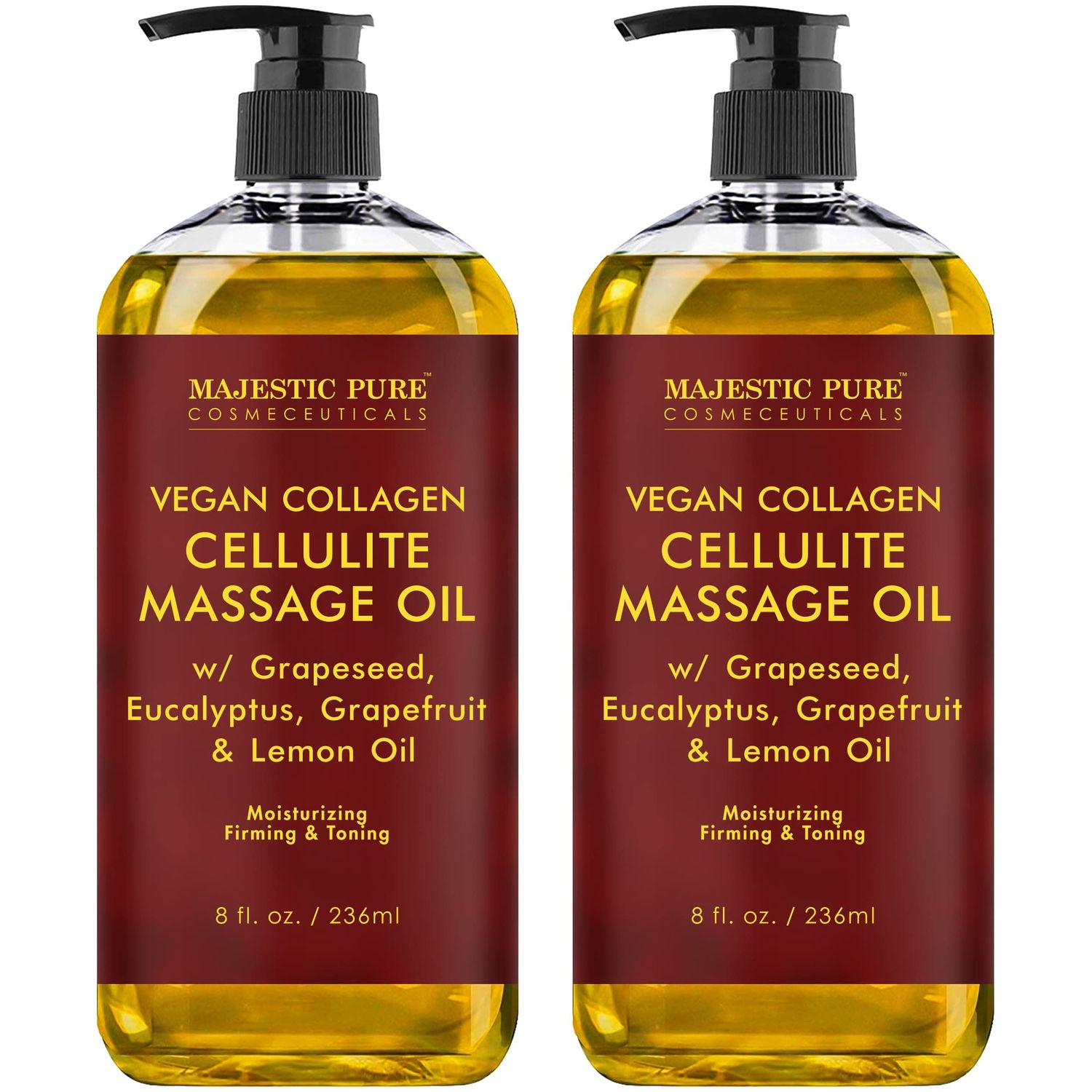 MAJESTIC PURE Cellulite Massage Oil - with Vegan Collagen &amp; Stem Cells, Unique Blend of Massage Essential Oils - Anti Cellulite Oil Improves Skin Tightening and Firming, 2 x 8 fl oz