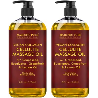 MAJESTIC PURE Cellulite Massage Oil - with Vegan Collagen &amp; Stem Cells, Unique Blend of Massage Essential Oils - Anti Cellulite Oil Improves Skin Tightening and Firming, 2 x 8 fl oz