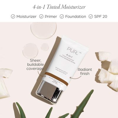 PUR Beauty 4-in-1 Tinted Moisturizer with SPF 20 - Hydrating Skin Tint Face Moisturizer, Primer & Foundation with Shea Butter, Aloe Vera & Vitamin B3 - Vegan Friendly, Paraben Free (Dark Almond)