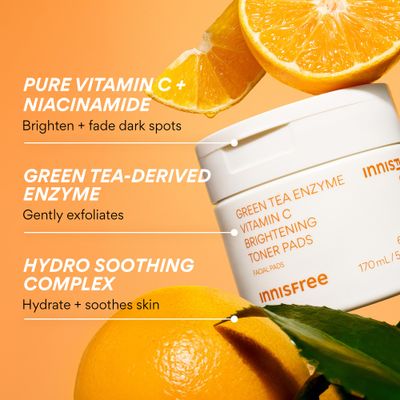 innisfree Green Tea Enzyme Vitamin C Brightening Toner Pads, Korean Face Toner Pads for Glow and Dark Spots