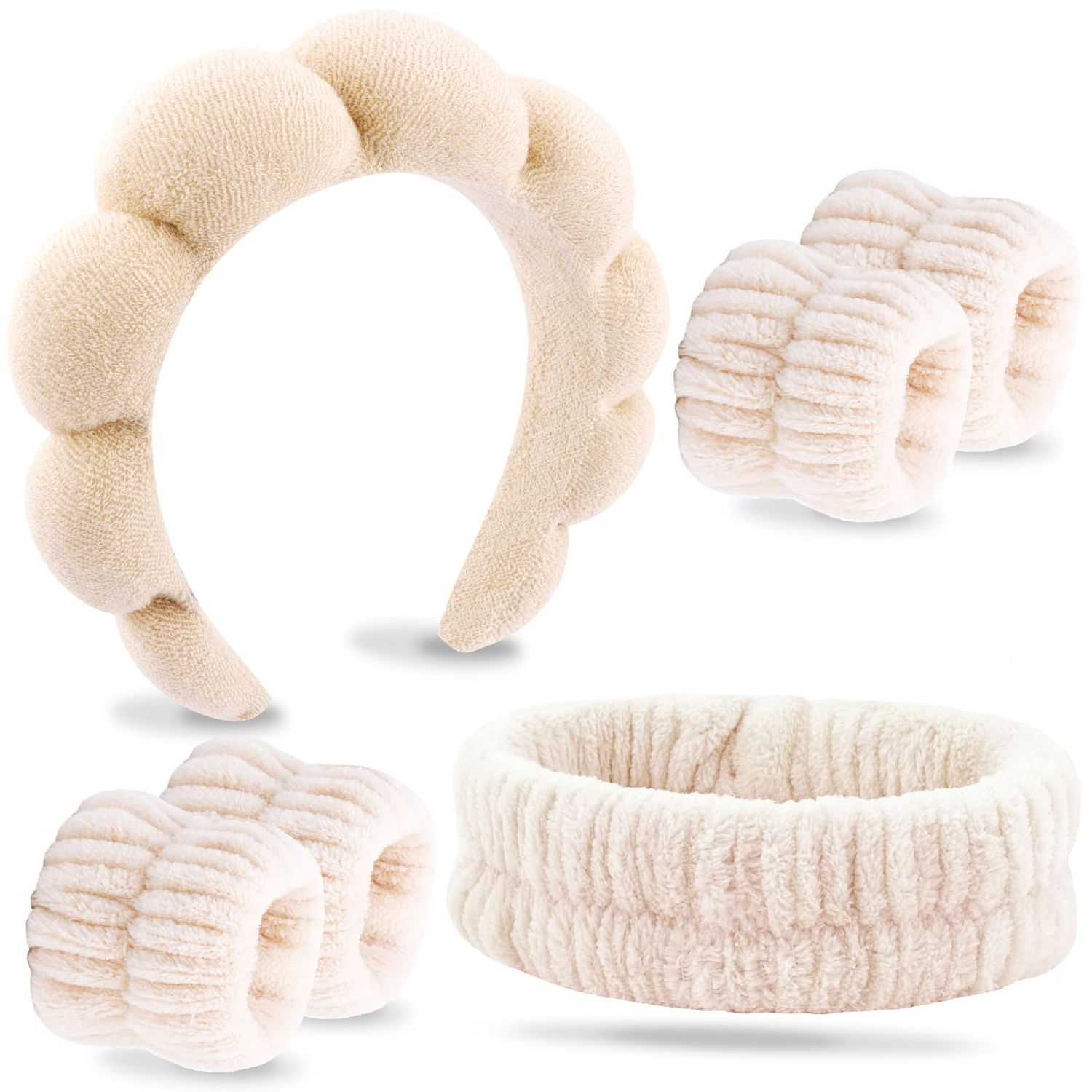 VELSCRUN 6 Pcs Khaki Bubble Puffy Sponge Spa Headband Wristband Set, Spa Headbands for Wash Face, Makeup Headband, Facial Skincare Headbands Women Girls Sleepover Party Supplies Hair Accessories