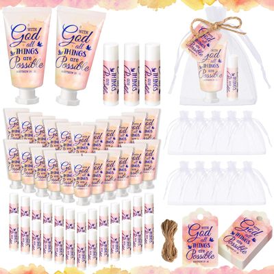 Swiffen 48 Sets Christian Hand Cream and Lip Balm Gift Set Christmas Christian Gift for Women Travel Size Hand Lotion Lip Balm Bulk with Organza Bag and Tag for Baby Shower Mom Holiday Gift(Groovy)