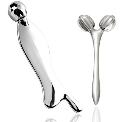 Hysotok Face Roller Guasha Tool for Face, Facial Roller Massager Reduce Wrinkles in Neck Eyes, Stainless Steel Guasha Set for Face Body Massager Chin Lift Skin Tightening (Silver White)