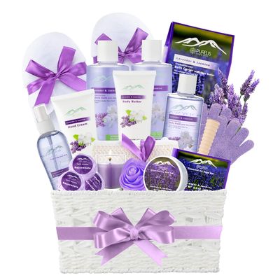 Luxury Bath Spa Set for Women -Purelis XL Jasmine &amp; Lavender Body wash, Bath Gift set Basket with Natural Spa Essentials - Sulfate &amp; Paraben-Free -Perfect Skincare Kit Ideal Spa Baskets for Women Gift