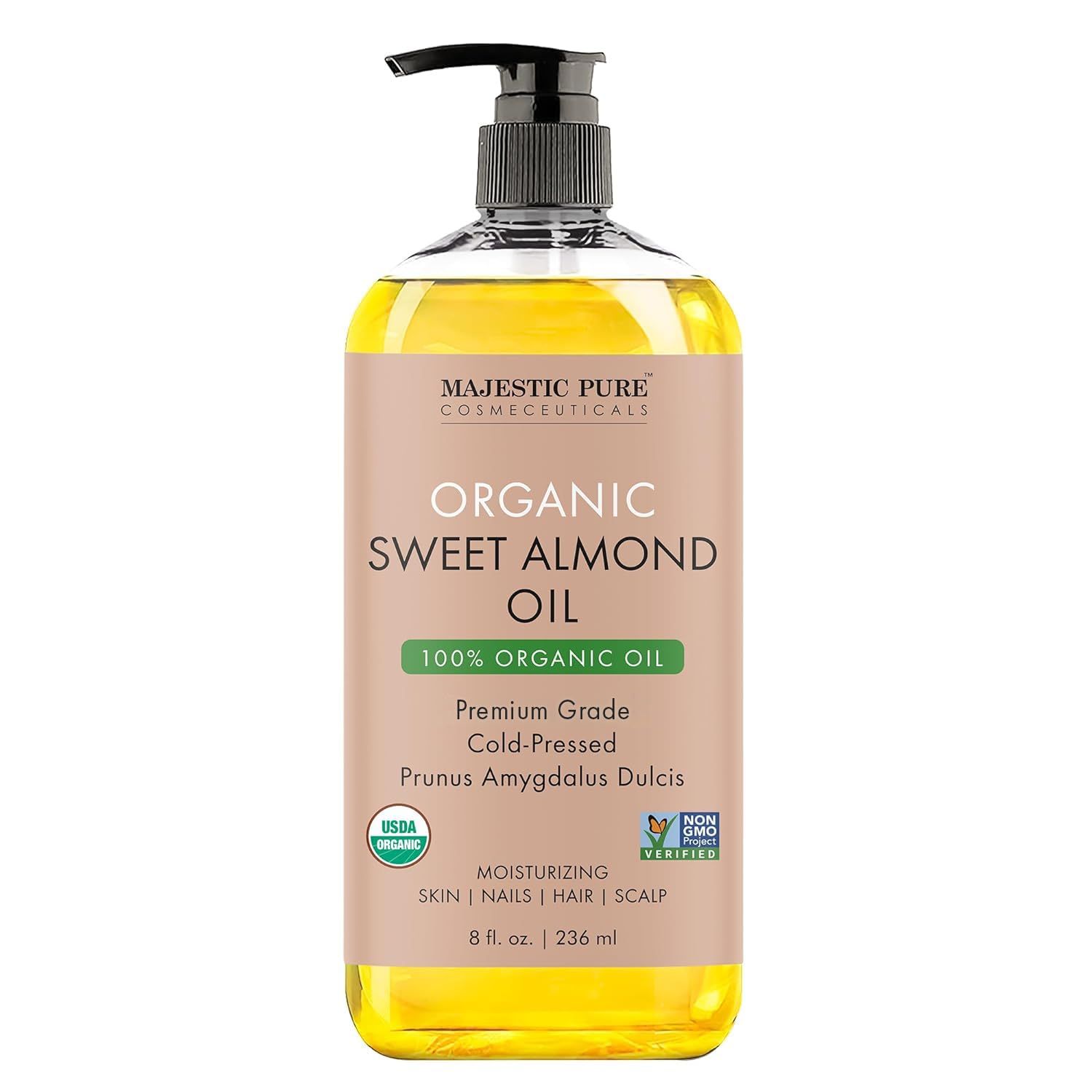 Majestic Pure USDA Organic Sweet Almond Oil | 100% Pure &amp; Natural Cold Pressed Oil Sweet Almond Oil for Skin, Face, Nails, Hair, Scalp &amp; Massage | 8fl oz