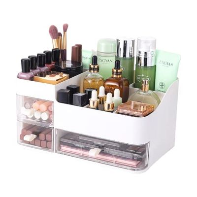 White Makeup Organizer With 3 Drawers,Large Capacity Plastic Cosmetic Storage Organizer for Dresser and Vanity,Ideal for Beauty,Perfume,Brushes,Skincare Bathroom Organizers and Storage Counter