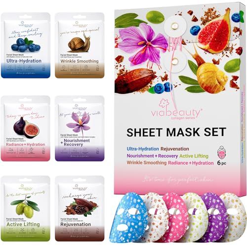 VIABEAUTY 6 Pack of Sheet Face Masks Skincare - Collagen Face Mask Sheets with Hyaluronic Acid, Vitamin C, Snail Mucin - Facial Sheet Mask for Hydrating, Moisturizing, Rejuvenating