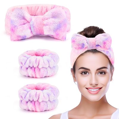 XMOSNZ 3pcs Hairband Set, High Elasticity Microfiber Spa Headband for Washing Face, Skincare Headbands with Bow, Wristband for Women, Ideal for Shower, Facial, Yoga, Makeup