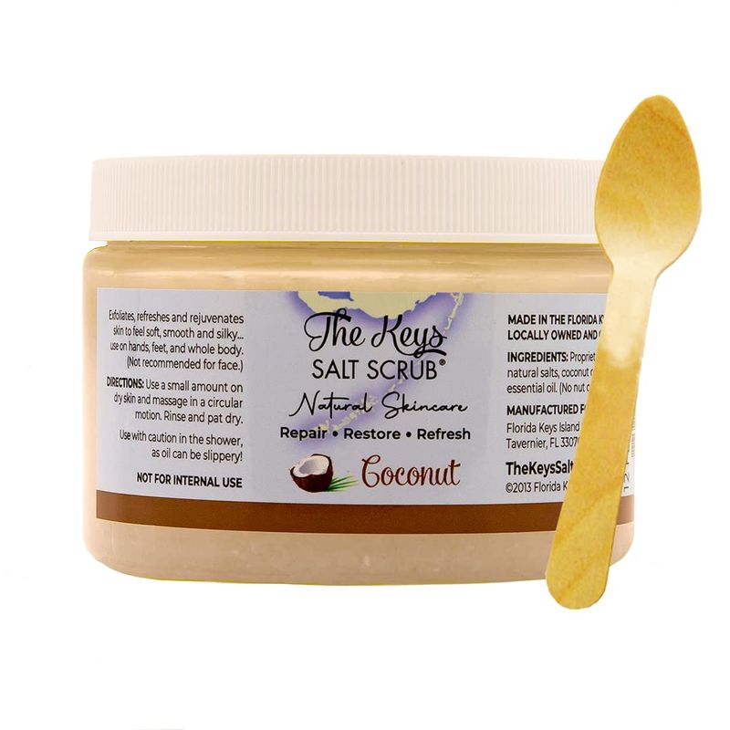 The Keys Salt Scrub - Coconut Sea Salt Scrub - Exfoliating Body Scrub Skin Care with Wooden Spoon for Men &amp; Women - Natural Moisturizing Exfoliator for Face, Hands, Foot, Bath, &amp; Bikini Area (12 oz.)