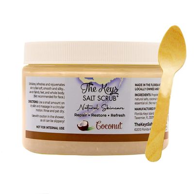 The Keys Salt Scrub - Coconut Sea Salt Scrub - Exfoliating Body Scrub Skin Care with Wooden Spoon for Men &amp; Women - Natural Moisturizing Exfoliator for Face, Hands, Foot, Bath, &amp; Bikini Area (12 oz.)