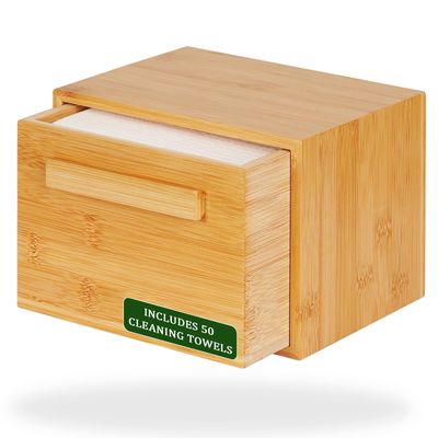 Lilithye Bamboo Box with 50 Disposable Face Towels Bamboo Storage Containers Disposable Facial Tissues Cube Boxes Dry Wipes Face Cleaning for Skin Care (with Drawer)
