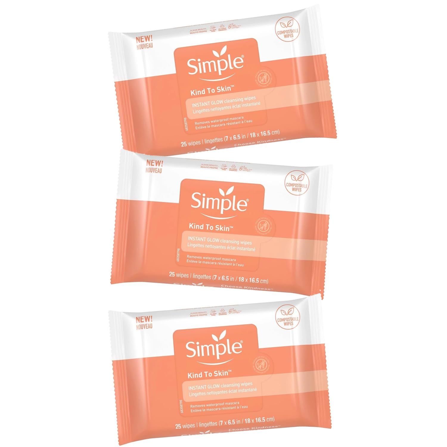 Simple Wipes Kind to Skin, Instant Glow, Facial Cleansing Wipes, Makeup Removal Wipes, Removes Waterproof Mascara, 25 Wipes (Pack of 3)