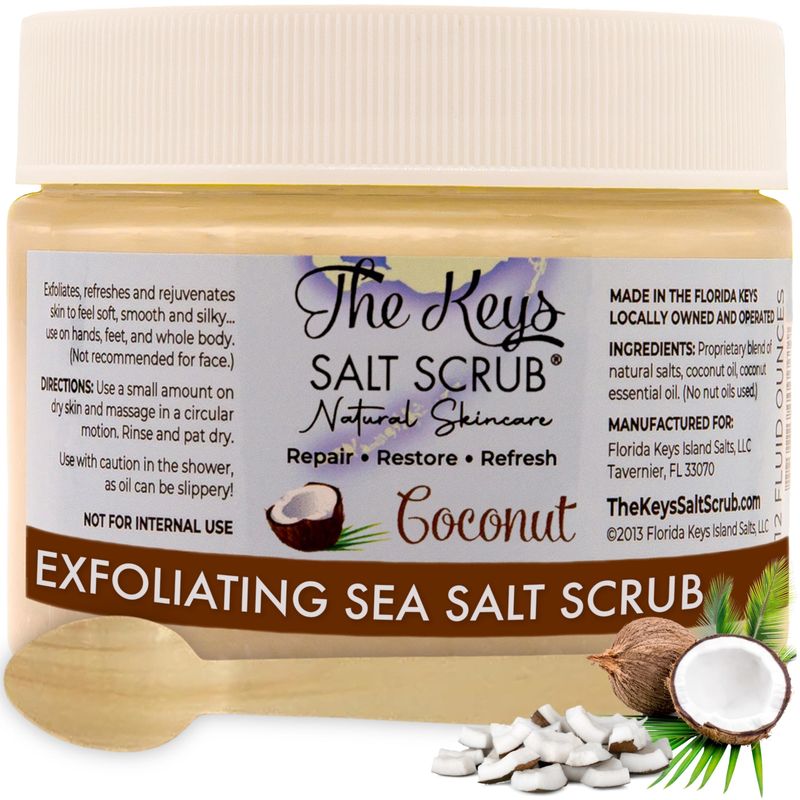 The Keys Salt Scrub - Coconut Sea Salt Scrub - Exfoliating Body Scrub Skin Care with Wooden Spoon for Men &amp; Women - Natural Moisturizing Exfoliator for Face, Hands, Foot, Bath, &amp; Bikini Area (12 oz.)