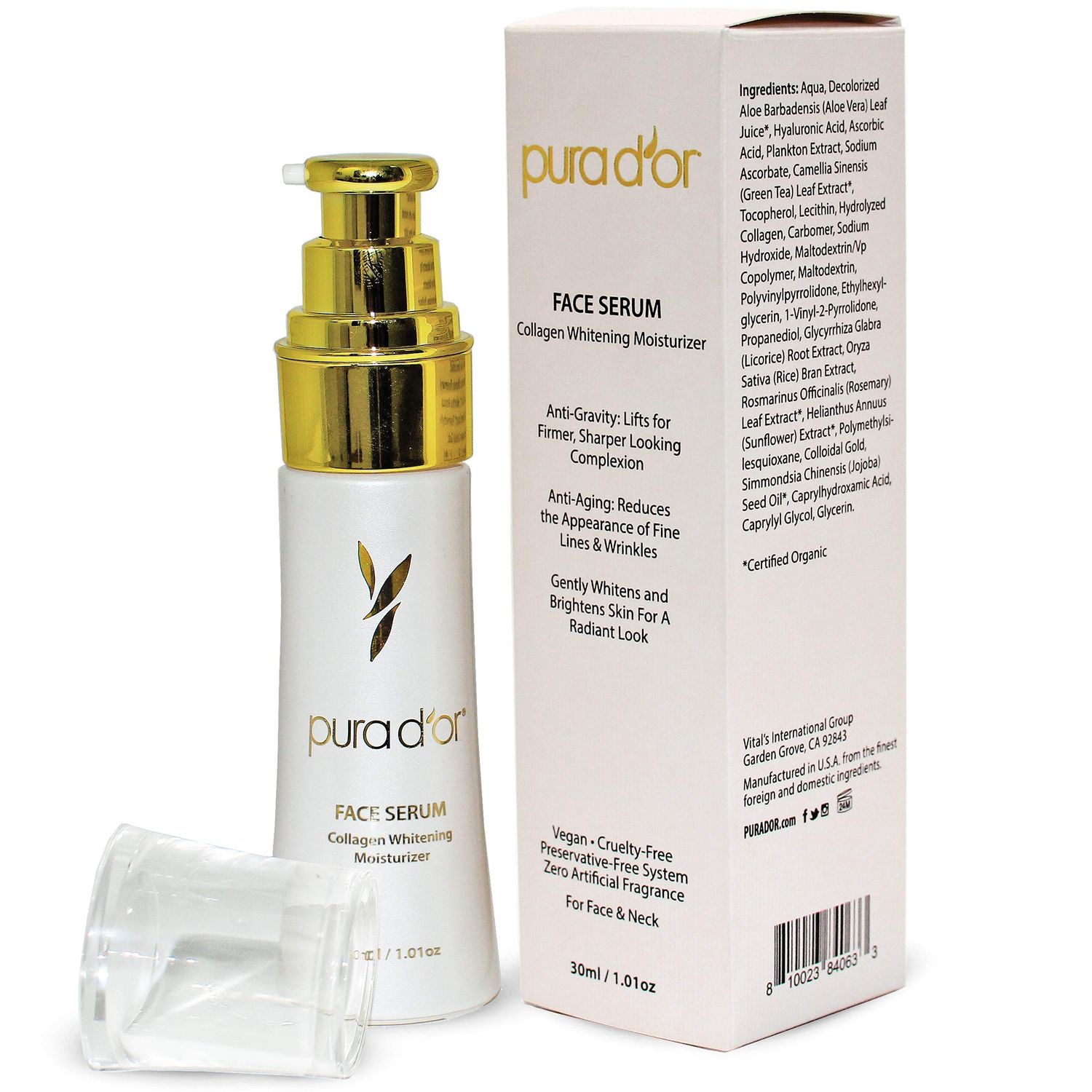 PURA D&#39;OR Face Serum Collagen Whitening Moisturizer (30mL)-Whitens &amp; Brightens Skin For Radiant, Firmer, Sharper Looking Complexion, Reduces the Appearance of Fine Lines &amp; Wrinkles- For Face &amp; Neck