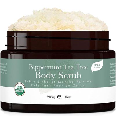 Peppermint Tea Tree Organic Body Scrub - USA Made Sugar Scrub with Natural Ingredients, Moisturizing Body &amp; Foot Exfoliator for Dry and Sensitive Skin, Removes Dead Skin Cells &amp; Reduces Ingrown Hair
