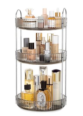 Vorey 360 Rotating Makeup Organizer Clear Gray 3 Tier Bathroom Organizer Spinning Perfume Organizers, Skincare Organizers Dresser Organizer Makeup Carousel with Silver Handle Cosmetic Brush Storage