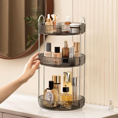 Vorey 360 Rotating Makeup Organizer Clear Gray 3 Tier Bathroom Organizer Spinning Perfume Organizers, Skincare Organizers Dresser Organizer Makeup Carousel with Silver Handle Cosmetic Brush Storage