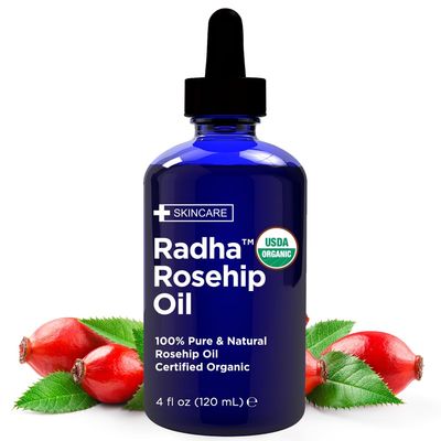 Radha Beauty 4 oz Organic Rosehip Seed Oil 100% Pure Cold Pressed - Great Carrier Oil for Moisturizing Face, Hair, Skin, &amp; Nails, Hydrating and Nourishing