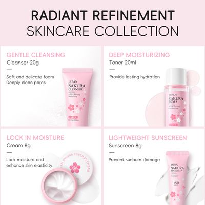 Skincare Kit Sakura Teen Girl Gifts Women - Skin Care Set Travel Size Toiletries - Skincare for Girls 10-12 Hydrating - Gift Set for Women with Cleanser,Serum,Cream,Sunscreen,Moisture Gel,Mask12pcs