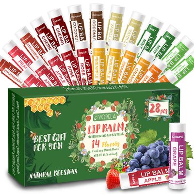 Yopela 28 Pack Natural Lip Balm Bulk with Vitamin E and Coconut Oil - Moisturizing, Soothing, and Repairing Dry and Chapped Lips Valentine&#39;s Gift - 14 Flavors - Non-GMO