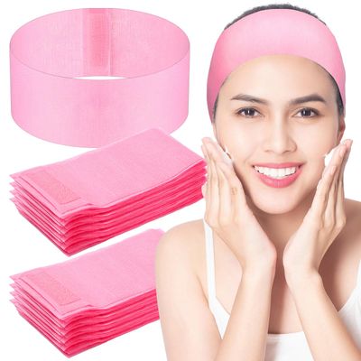 Juinte 300 Pcs Disposable Spa Facial Headbands Pink Spa Headband Stretch Non Woven Facial Headband Skin Care Soft Make up Hair Band with Convenient Closure for Women Sport Yoga Salon Shower