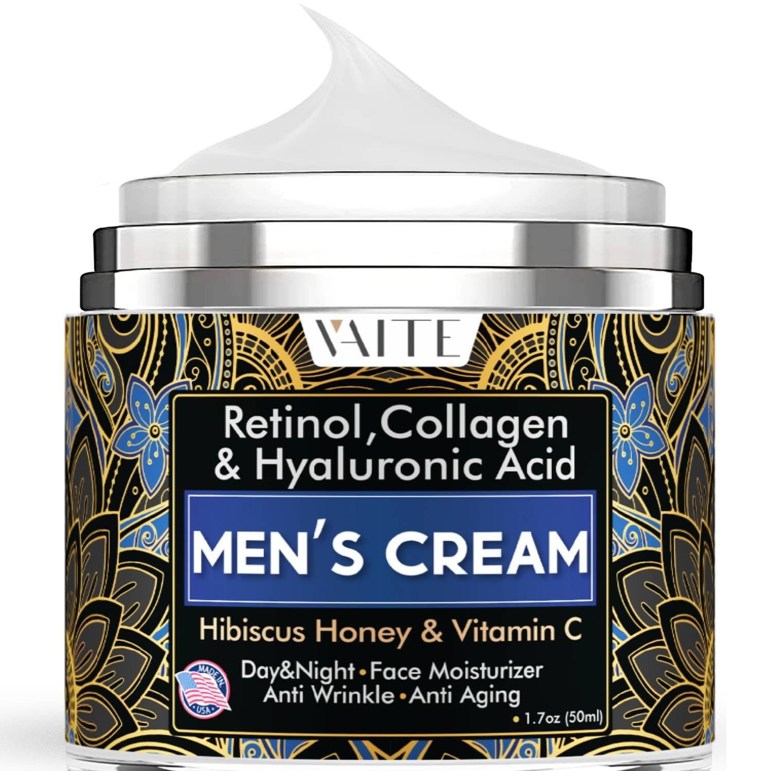 VAITE Mens Face Skin Moisturizer with Collagen, Retinol Ant-Aging, Anti-Wrinkle Under the Eyes Men&#39;s cream care for Face with Hibiscus &amp; Honey, Hyaluronic acid, Vitamin C Made in USA