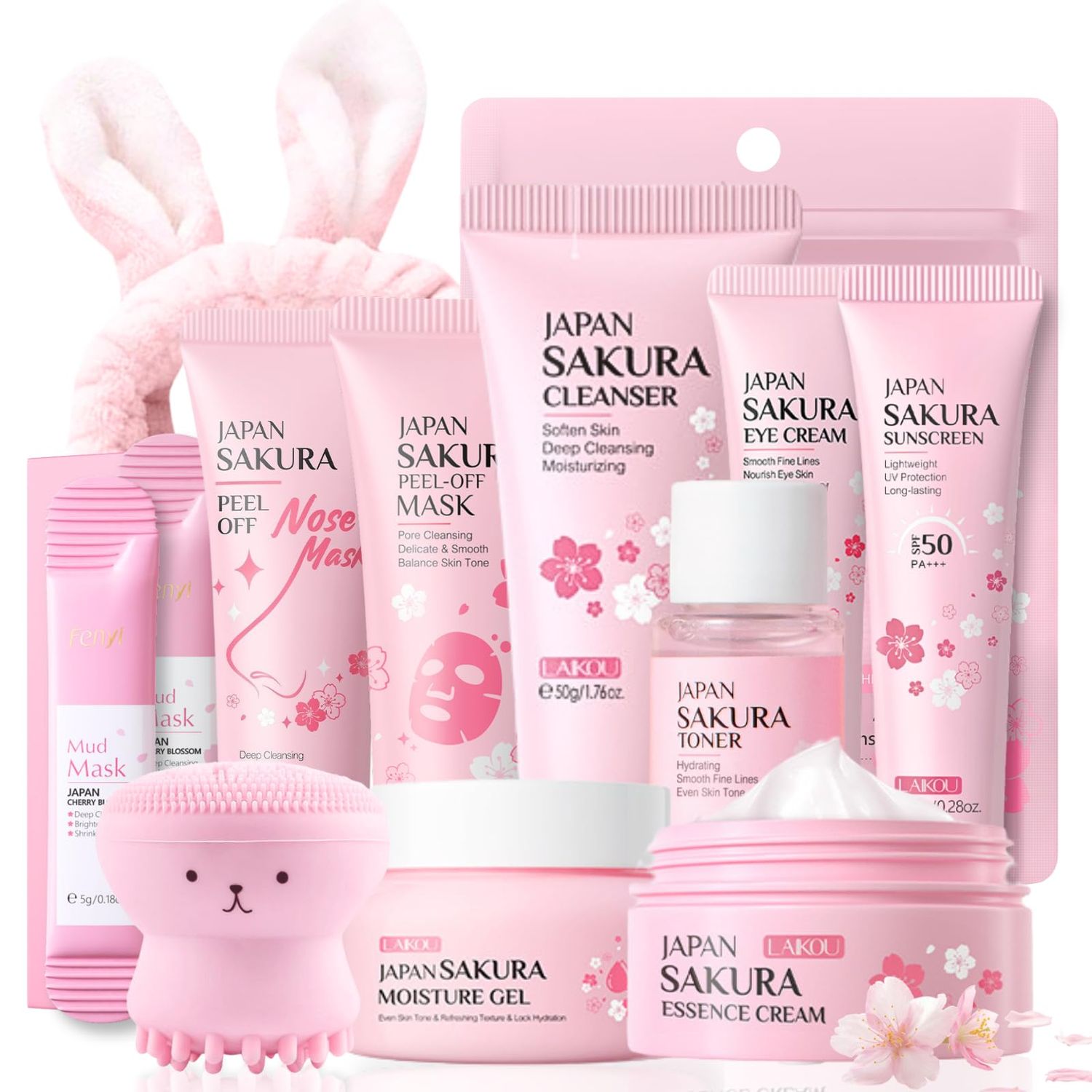 Skincare Kit Sakura Teen Girl Gifts Women - Skin Care Set Travel Size Toiletries - Skincare for Girls 10-12 Hydrating - Gift Set for Women with Cleanser,Serum,Cream,Sunscreen,Moisture Gel,Mask12pcs
