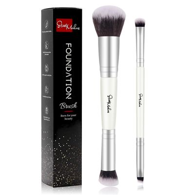 START MAKERS 2-in-1 Makeup Brushes Dual-ended Contouring Foundation Brush 2 Pack Concealer Brush Face Eyebrow Eyeshadow Brush for Liquid, Powder, Buffing, Blending (White)
