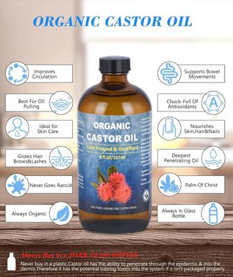 VRJEUGO Organic Castor Oil for Face Roll OnRollerball Castor Oil, Deep Hydration for Skin Care and Hair, Castor Oil Organic Cold Pressed Unrefined Glass Bottle 8oz with 2 Roller