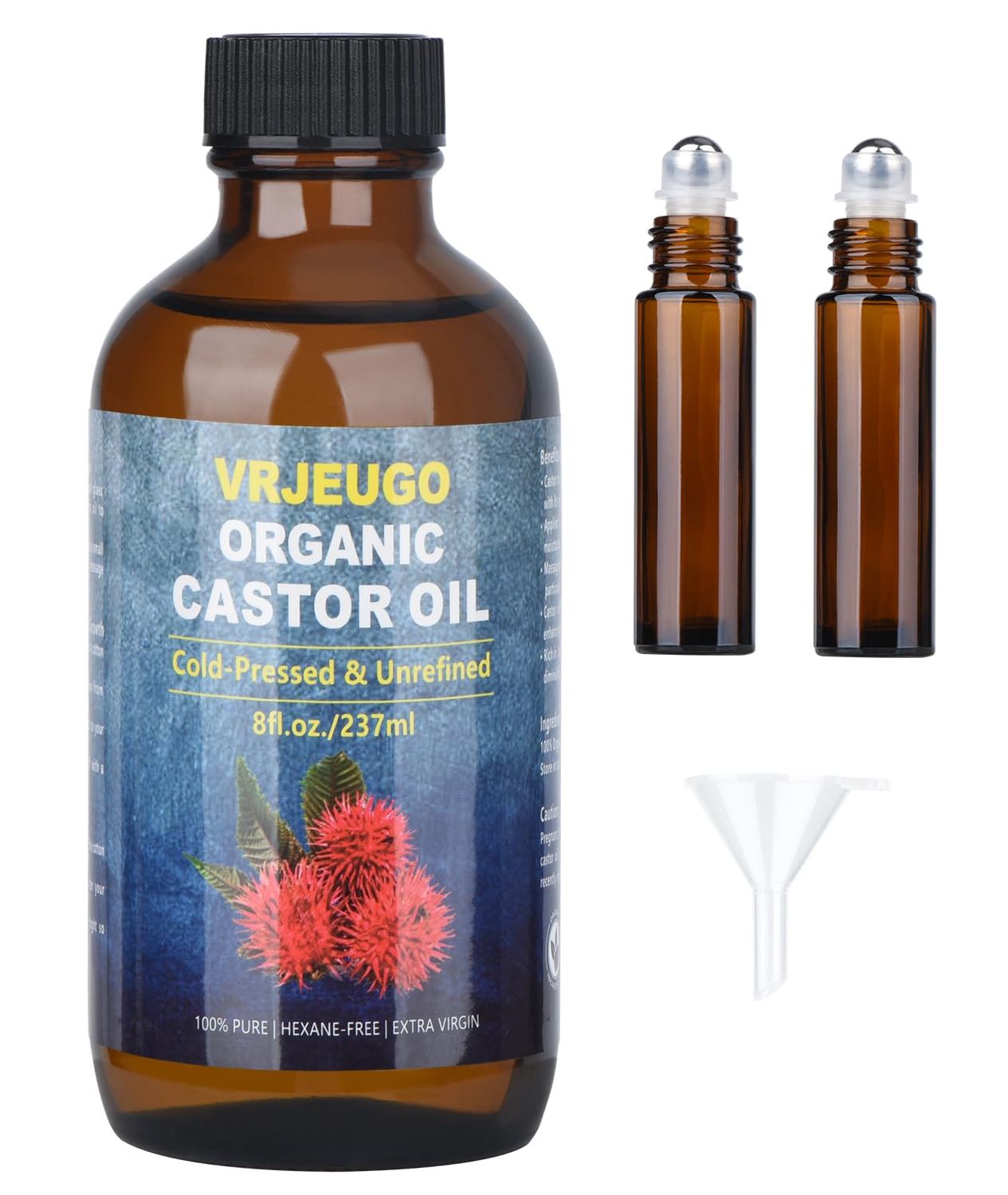 VRJEUGO Organic Castor Oil for Face Roll OnRollerball Castor Oil, Deep Hydration for Skin Care and Hair, Castor Oil Organic Cold Pressed Unrefined Glass Bottle 8oz with 2 Roller