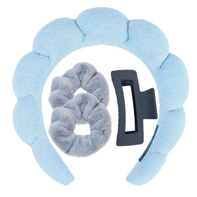 Meekest Spa Headband and Wristband Set for Women Girls, Skin Care Headband for Washing Face - Hair Clip Scrunchies Makeup Headbands Terry Cloth Sponge Puffy - Makeup Hair Accessories - Blue