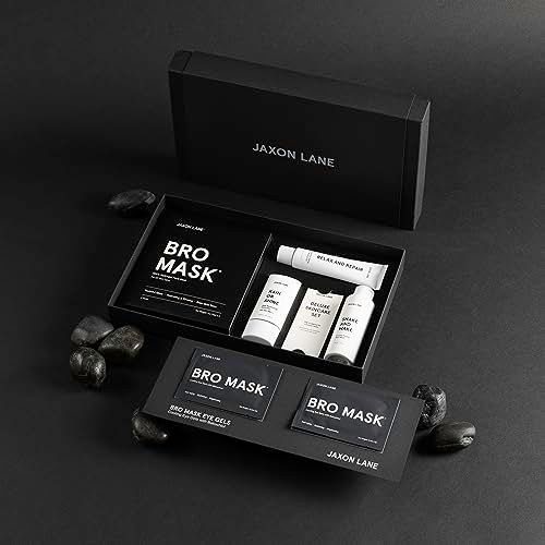 JAXON LANE Skin Care Set: Deluxe Skincare Routine Gift Set 5pc, Mens Facial Care kit with Sunscreen, Bro Mask Sheet Mask &amp; Eye Gels, Powder Face Wash and Moisturizer Set, Anti Aging Face Care for Men