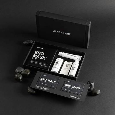 JAXON LANE Skin Care Set: Deluxe Skincare Routine Gift Set 5pc, Mens Facial Care kit with Sunscreen, Bro Mask Sheet Mask &amp; Eye Gels, Powder Face Wash and Moisturizer Set, Anti Aging Face Care for Men