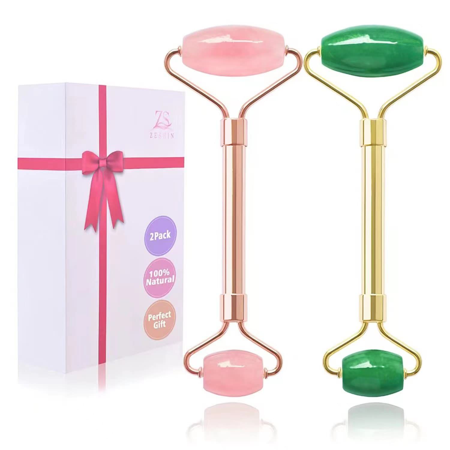 ZS ZESHIN 2 Pack Jade Facial Roller &amp; Rose Quartz Face Roller for Wrinkles and Puffiness, Natural Jade Stone Face Massager Roller