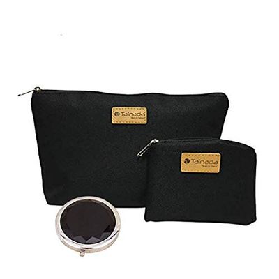 Tainada Cosmetic Bag/Makeup Pouch/Toiletry Storage Water-Repellent Zipper Travel Organizer for Womens Beauty &amp; Skincare Accessories + One Coin Purse &amp; Cosmetics Mirror Bundle Set (Black)