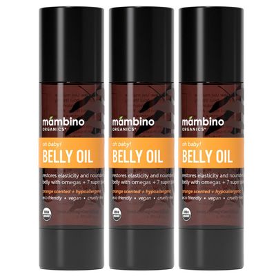 Mambino Organics Oh Baby! Belly Oil - Organic Elasticity Oil with Egyptian Calendula, Vietnamese Tamanu &amp; Dutch Shea - Pregnancy Oil for Stretch Marks - Cruelty-Free Maternity Care, 3-Pack 2 fl oz
