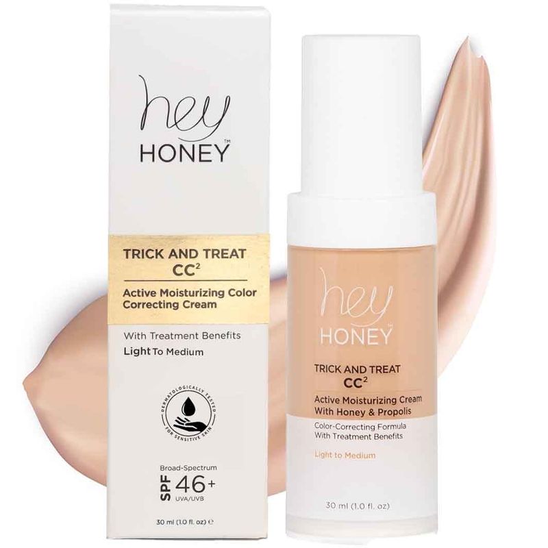 Hey Honey Trick and Treat CC Cream SPF 46 | Active Moisturizing Color Correcting Cream with Honey &amp; Propolis | Best Cover For Rosacea, Skin Redness &amp; Mature Skin | Cruelty-Free | 1 oz (Light-Medium)