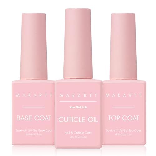 Makartt Gel Top and Base Coat Set with Cuticle Oil: No Wipe Shine Finish Soak-Off Gel, Long-Lasting Formula for Gel Polish, Includes Nail Care Cuticle Oil, Perfect for Art and Manicure (3pcs)