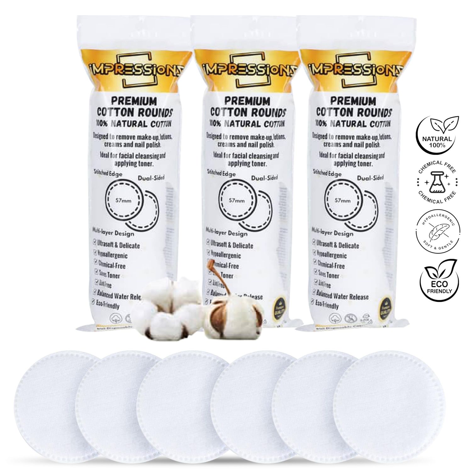 ImpressionZ Premium Cotton Rounds for Face (300 Count) - 100% Pure Natural Cotton Pads, Hypoallergenic, Lint-Free Makeup Remover, Toner &amp; Cream Applicator for Sensitive Skin