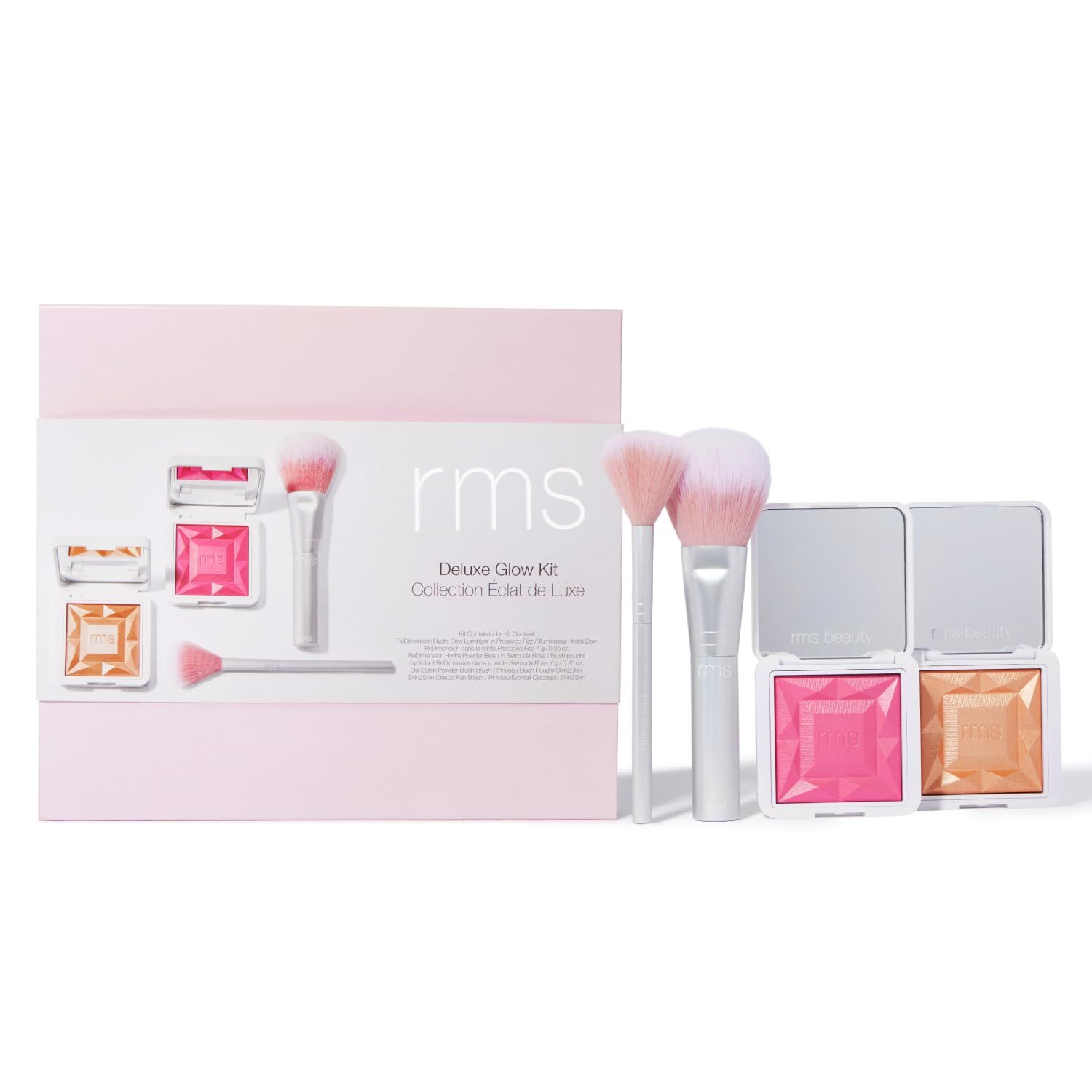 RMS Beauty Deluxe Glow Kit - Makeup Gift Set with Highlighter, Powder Blush, Blush Brush, &amp; Fan Brush, Holiday Gift Set, Beauty Gifts for Women