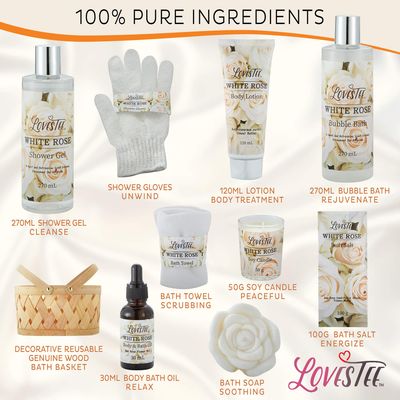Valentines Day Bath & Body Spa Gift Basket for Women, Best Gift for Mother's Day & Birthday, White Rose Set Body Lotion, Shower Gel, Bubble Bath, Bath Salt, Towel, Soap, Oil, Candle, Gloves,