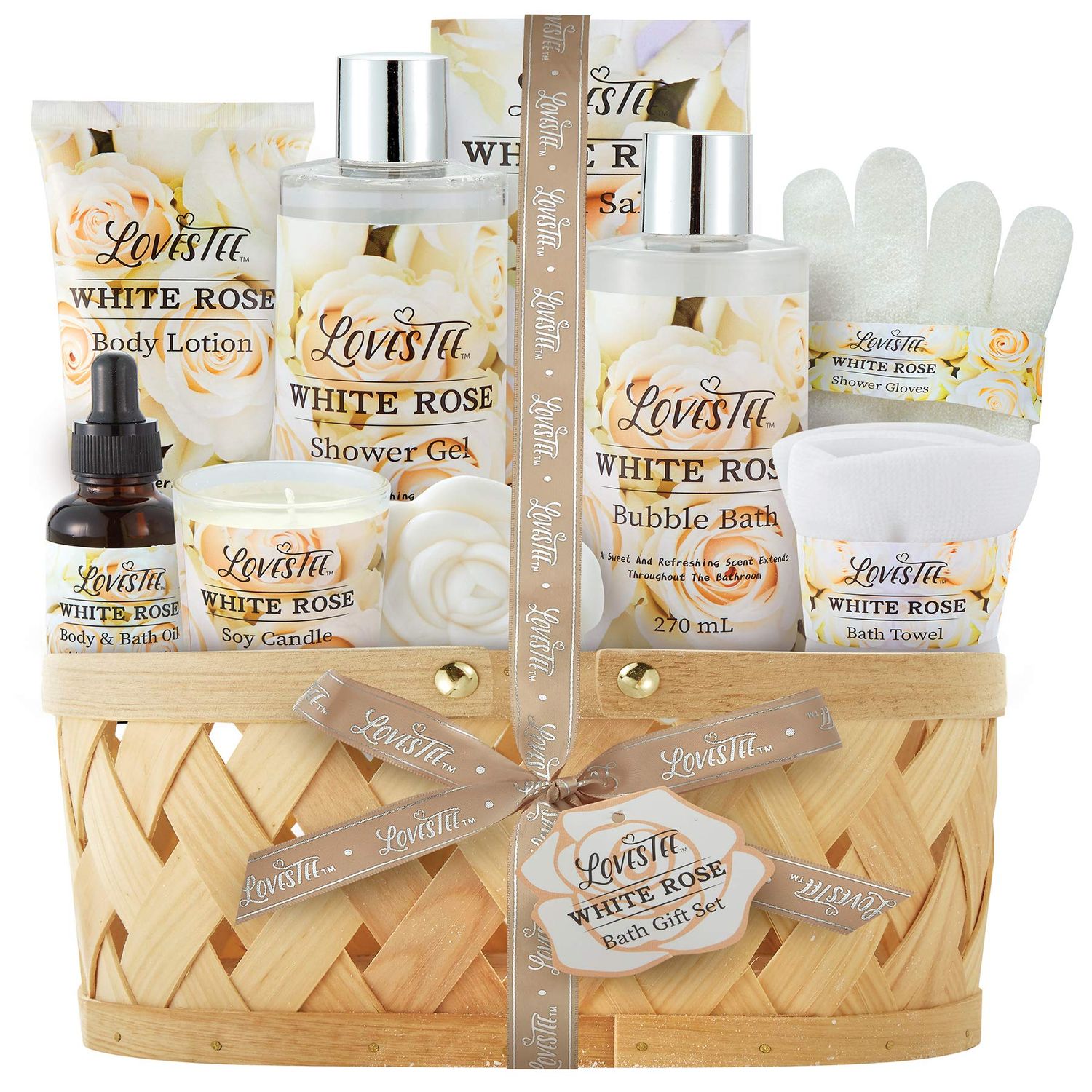Valentines Day Bath &amp; Body Spa Gift Basket for Women, Best Gift for Mother&#39;s Day &amp; Birthday, White Rose Set Body Lotion, Shower Gel, Bubble Bath, Bath Salt, Towel, Soap, Oil, Candle, Gloves,